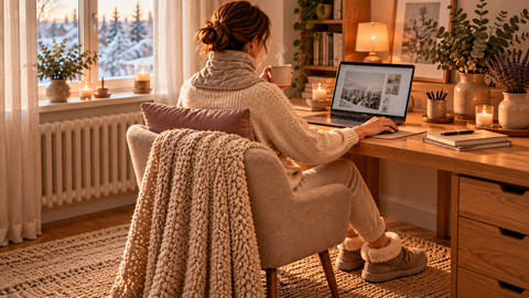 Femme en télétravail. Elle porte des chaussons chauffant et une bouillotte tour du cou.