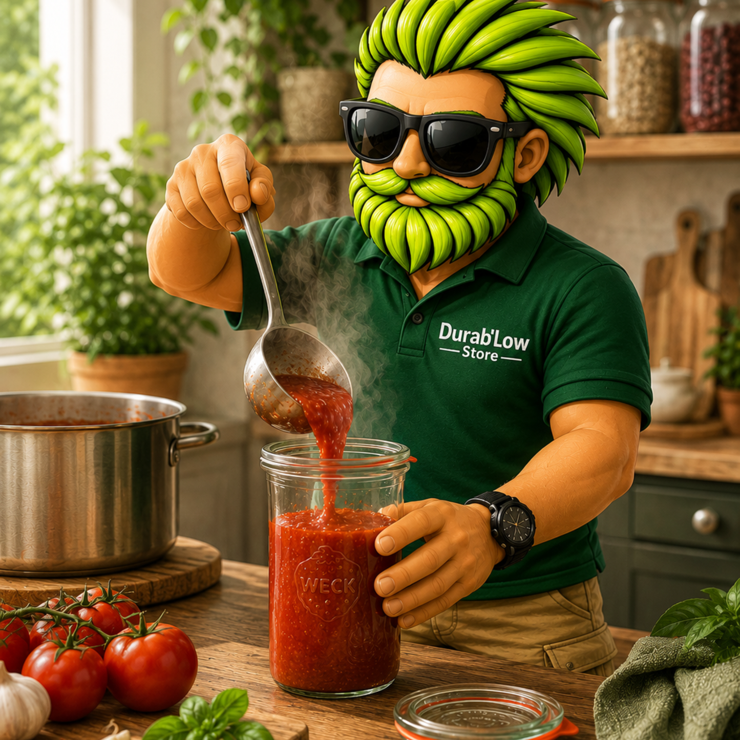 Low verse de la sauce tomate encore fumante dans un bocal en verre Weck.