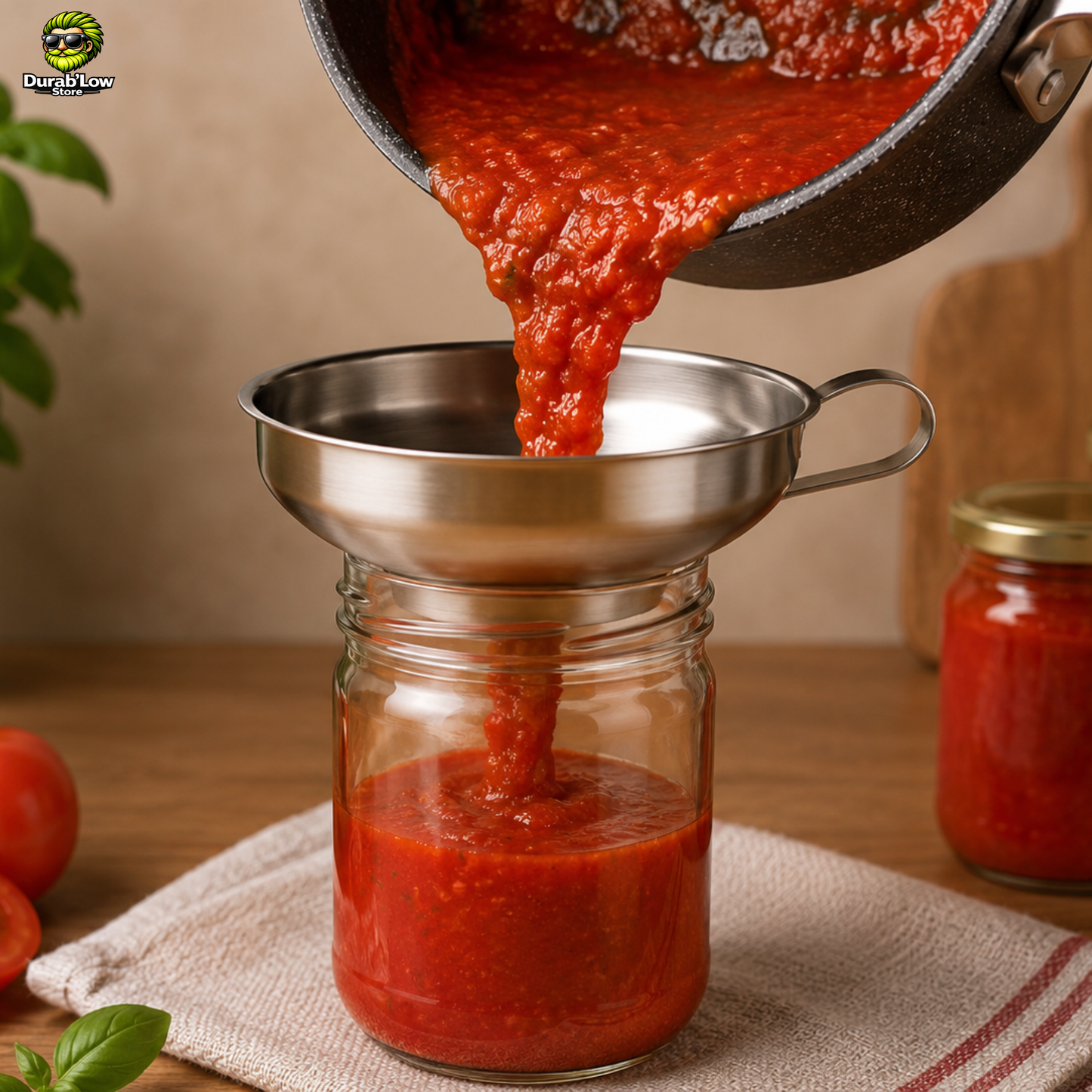 De la sauce tomate épaisse est versée dans un bocal à l'aide d'un entonnoir en inox à large goulot.