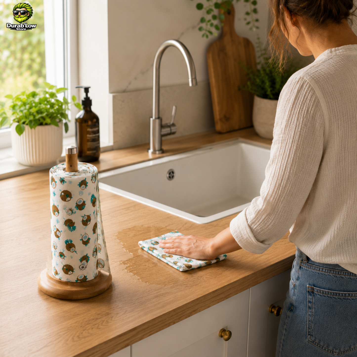 Un rouleau d'essuie-tout lavable en coton au motif Coco est posé sur un plan de travail à proximité de l'évier. Une femme utilise un essuie-tout réutilisable pour essuyer une éclaboussure.