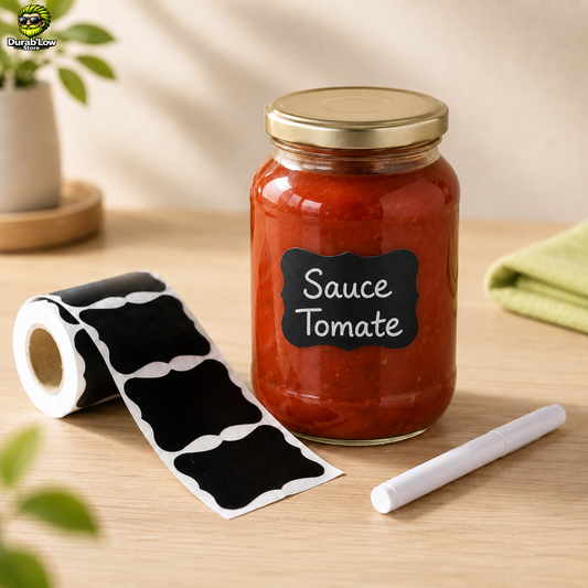 Rouleaux d'étiquette et un marqueur craie effaçable. Un exemple d'étiquetage sur bocal rempli de sauce tomate.