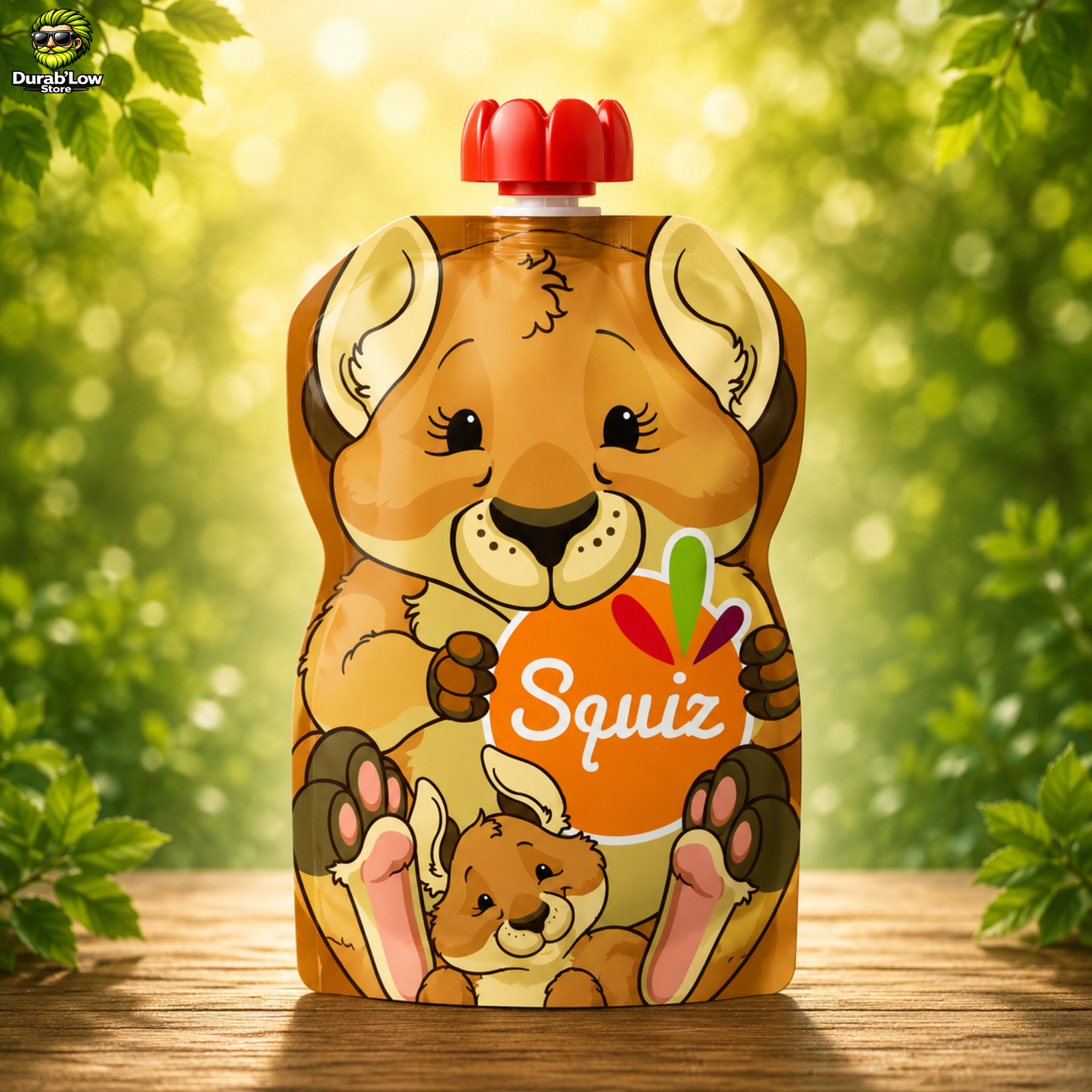 Gourde composte Squiz avec motif kangourou dans un environnement végétal.