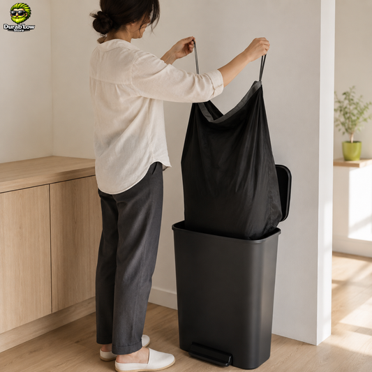 Sac poubelle réutilisable retiré de la poubelle pour être vidé.