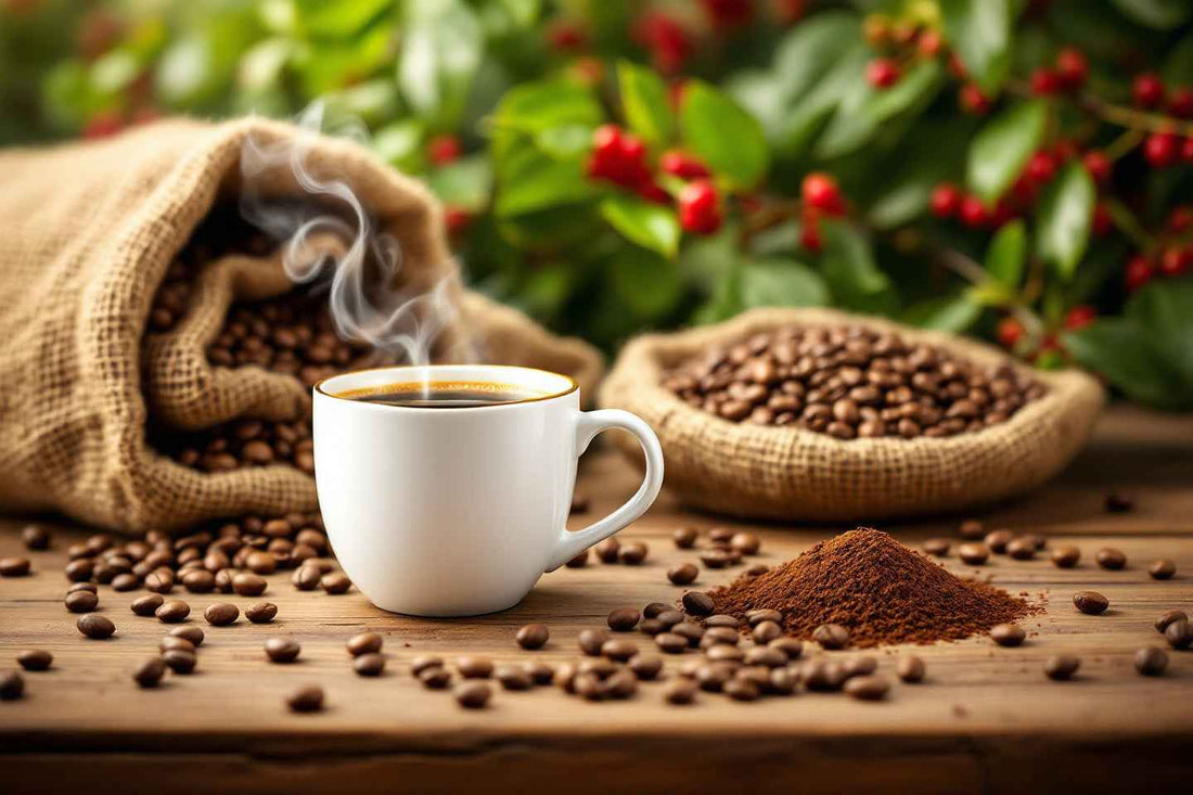 Café chaud avec grains sans capsule, fond champs de café