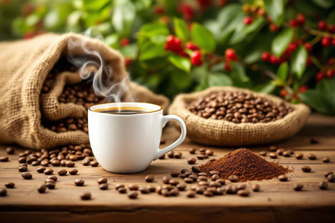 Café chaud avec grains sans capsule, fond champs de café
