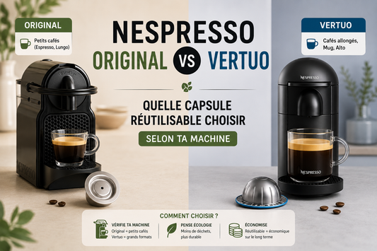 Illustration comparative entre les machines Nespresso Original et Vertuo avec capsules réutilisables en inox, montrant les différences de formats de café et de compatibilité selon la machine.