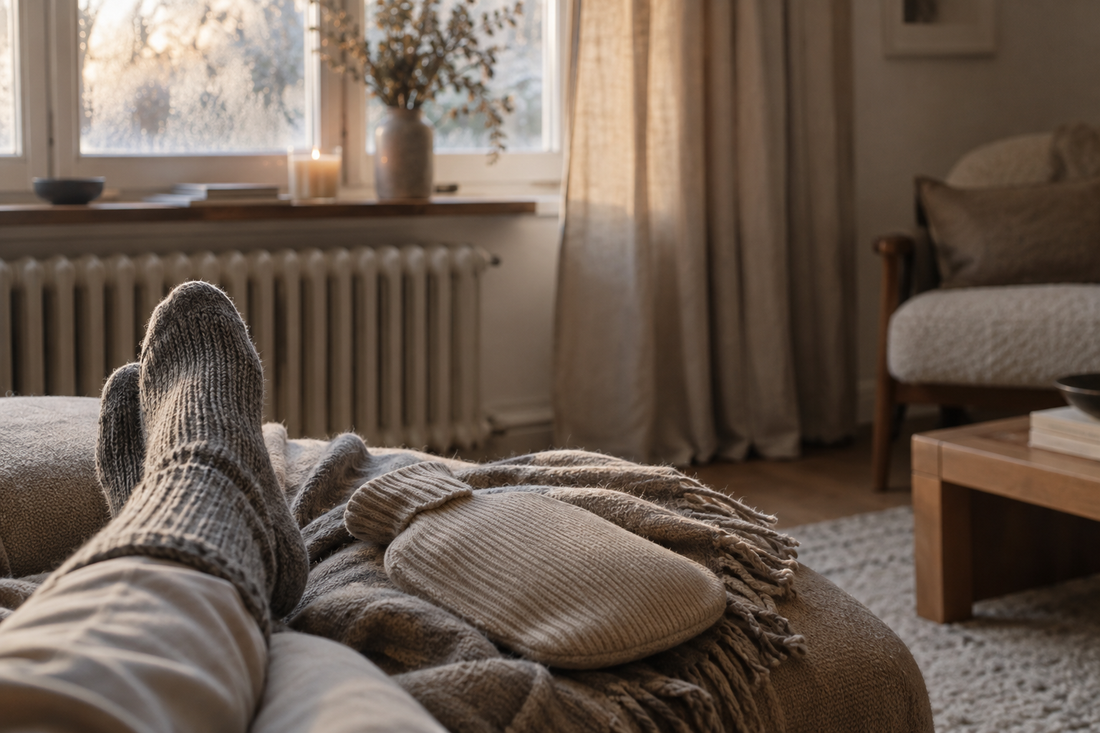 Pieds en grosses chaussettes de laine posés sur un pouf, avec une bouillotte beige sur une couverture, devant un radiateur et une fenêtre embuée.