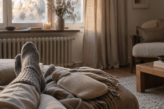 Pieds en grosses chaussettes de laine posés sur un pouf, avec une bouillotte beige sur une couverture, devant un radiateur et une fenêtre embuée.