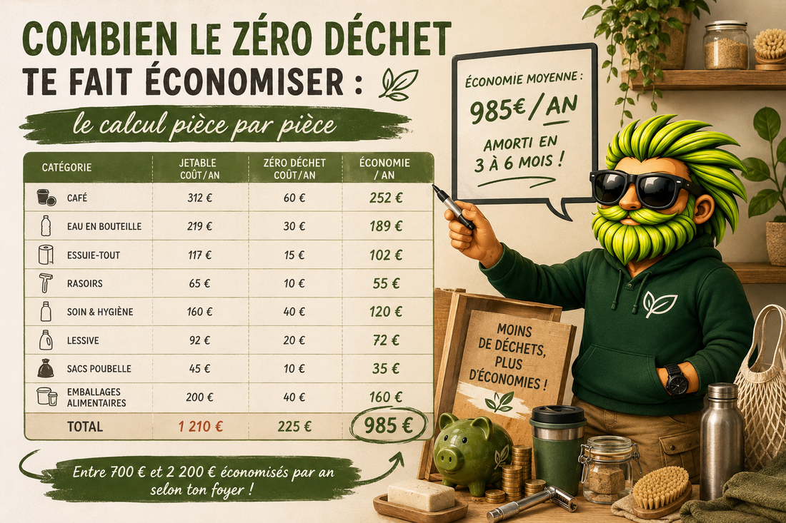 Illustration pédagogique montrant les économies réalisées grâce au zéro déchet avec tableau comparatif des coûts annuels, produits réutilisables et mascotte Durab’Low dans une ambiance écoresponsable.