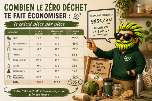 Illustration pédagogique montrant les économies réalisées grâce au zéro déchet avec tableau comparatif des coûts annuels, produits réutilisables et mascotte Durab’Low dans une ambiance écoresponsable.