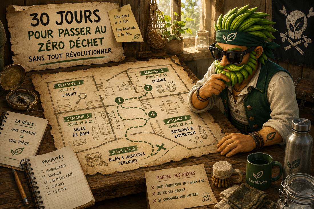 Low planche sur la stratégie à adopter pour passer au zéro déchet. Il est déguisé en pirate, façon carte aux trésors.