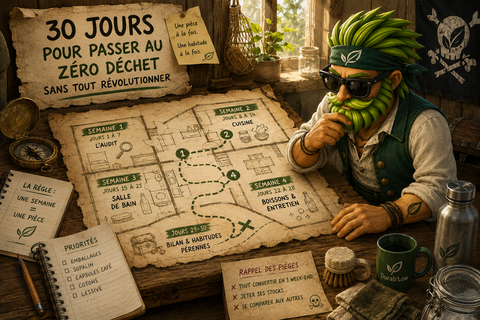 Low planche sur la stratégie à adopter pour passer au zéro déchet. Il est déguisé en pirate, façon carte aux trésors.