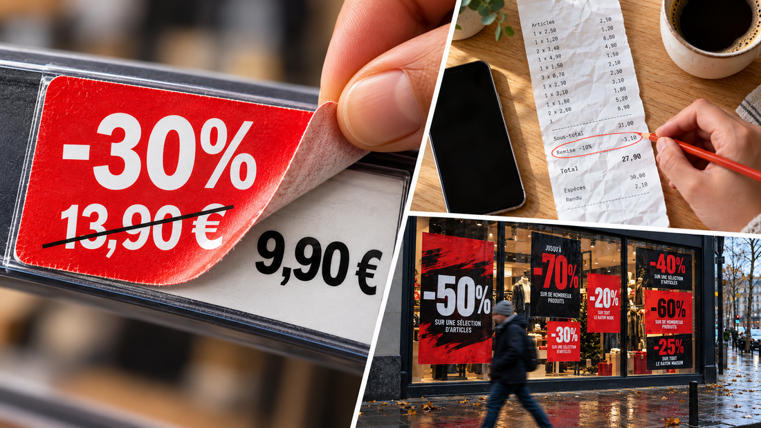 Montage comparant une étiquette promotionnelle révélant un ancien prix plus bas, un ticket de caisse vérifié au crayon et une vitrine couverte de fortes réductions.