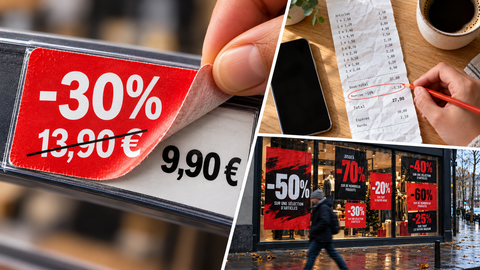 Montage comparant une étiquette promotionnelle révélant un ancien prix plus bas, un ticket de caisse vérifié au crayon et une vitrine couverte de fortes réductions.