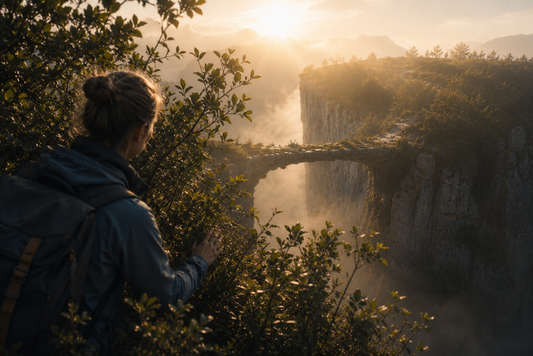 Femme observant un pont de pierre partiellement caché par la végétation au-dessus d’un canyon brumeux baigné de lumière dorée, symbolisant une voie plus accessible qu’elle ne paraît.