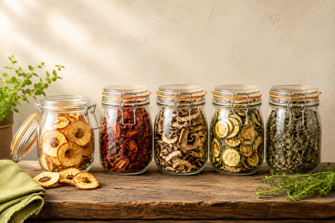 Cinq bocaux alignés sur une étagère en bois foncé. Chacun contient un produit déshydraté : rondelles de pommes, tomates séchées, champignons, lamelles de courgettes, feuilles d'herbes aromatiques.