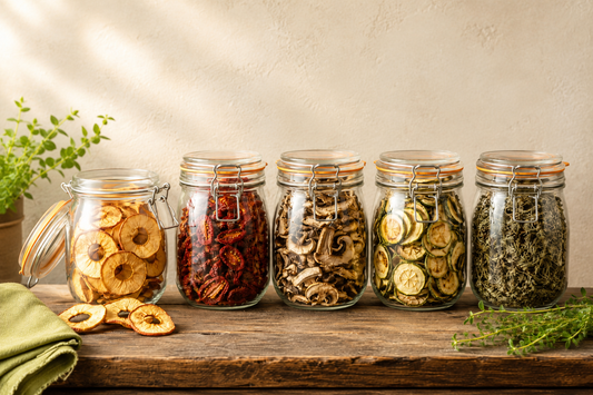 Cinq bocaux alignés sur une étagère en bois foncé. Chacun contient un produit déshydraté : rondelles de pommes, tomates séchées, champignons, lamelles de courgettes, feuilles d'herbes aromatiques.