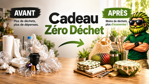 Cadeau zéro déchet comparé à des produits jetables, avec accessoires réutilisables et la mascotte Low dans une cuisine lumineuse.