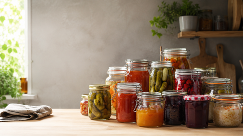Plusieurs rangées de bocaux en verre fraîchement remplus de conserves colorées (tomates, cornichons, confitures, légumes lacto-fermentés), posés sur un plan de travail de cuisine. 