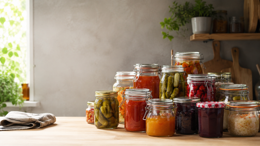 Plusieurs rangées de bocaux en verre fraîchement remplus de conserves colorées (tomates, cornichons, confitures, légumes lacto-fermentés), posés sur un plan de travail de cuisine. 