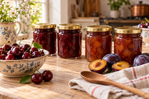 Pots de confiture maison de cerises et de prunes fermés avec des couvercles dorés.