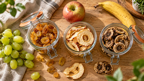 Vue sur 3 bocaux remplis de fruits séchés: raisin, pomme et banane. On aperçoit les fruits frais autour. 