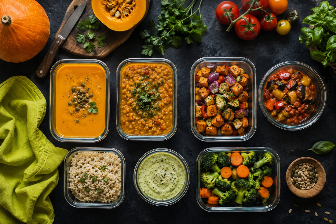 Plusieurs boîtes en verre alignées, remplies de plats maison colorés (velouté de courge orange, dahl de lentilles, légumes rôtis, mijoté). Autour, quelques légumes de marché frais.