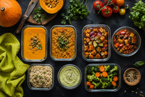 Plusieurs boîtes en verre alignées, remplies de plats maison colorés (velouté de courge orange, dahl de lentilles, légumes rôtis, mijoté). Autour, quelques légumes de marché frais.