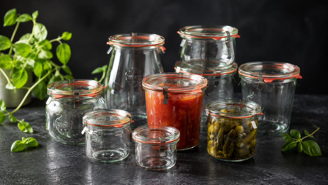 Bocaux Weck en verre de différentes tailles avec joint et couvercle.