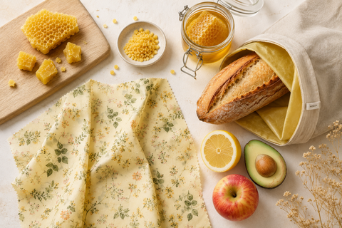Scène de cuisine : un beewrap déplié à côté d'une baguette qui dépasse d'un sac à pain avec doublure cire d'abeille.