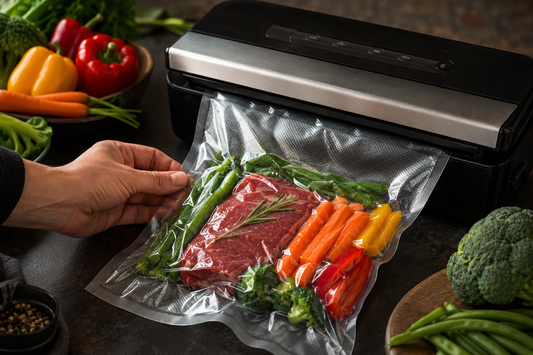 Une main plaçant un sac sous vide transparent, rempli de légumes frais colorés et d'une portion de viande, dans une machine sous vide noire.