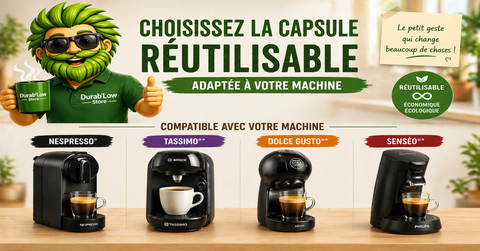 La mascotte Low, visage enjoué, présente les solutions de filtre à café réutilisable avec café moulu — alternative zéro déchet aux capsules jetables. Quatre machines sont représentées: Nespresso, Tassimo, Dolce Gusto et Senséo.