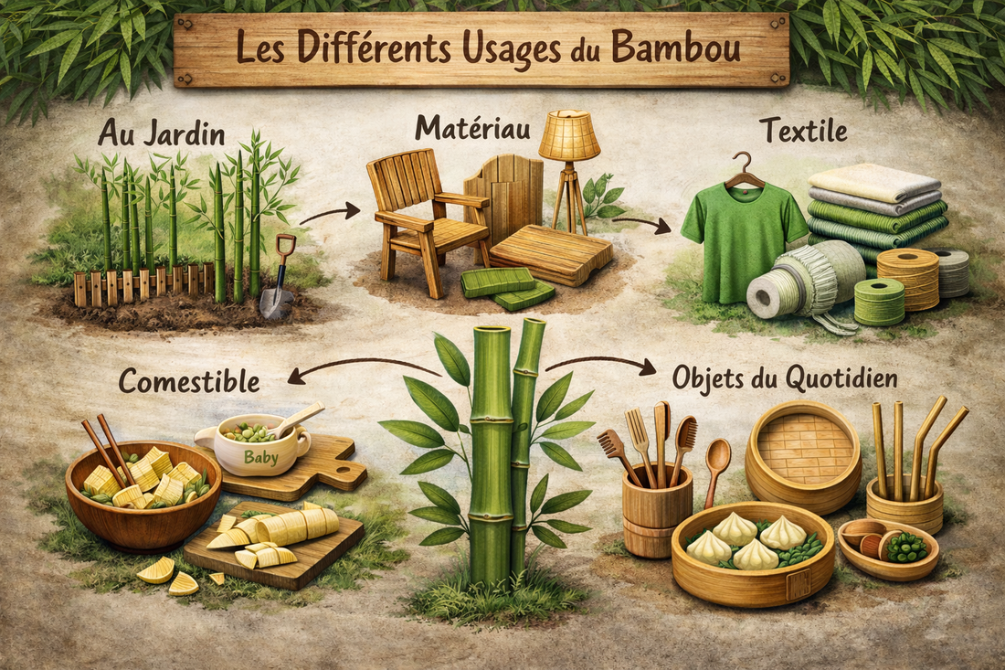 Bambou dans ses différentes formes transformées: meubles, vêtement, vaisselle, comestible