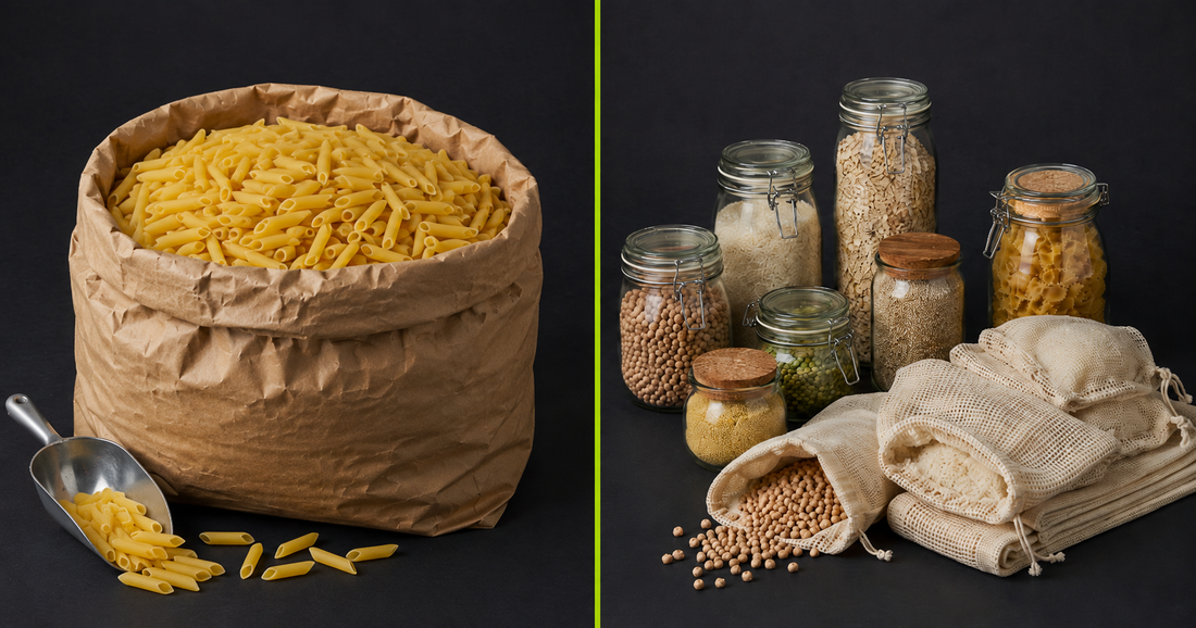 Un sac de pâtes en gros à gauche, des bocaux et sacs à vrac de différents aliments à droite.