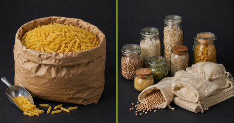 Un sac de pâtes en gros à gauche, des bocaux et sacs à vrac de différents aliments à droite.