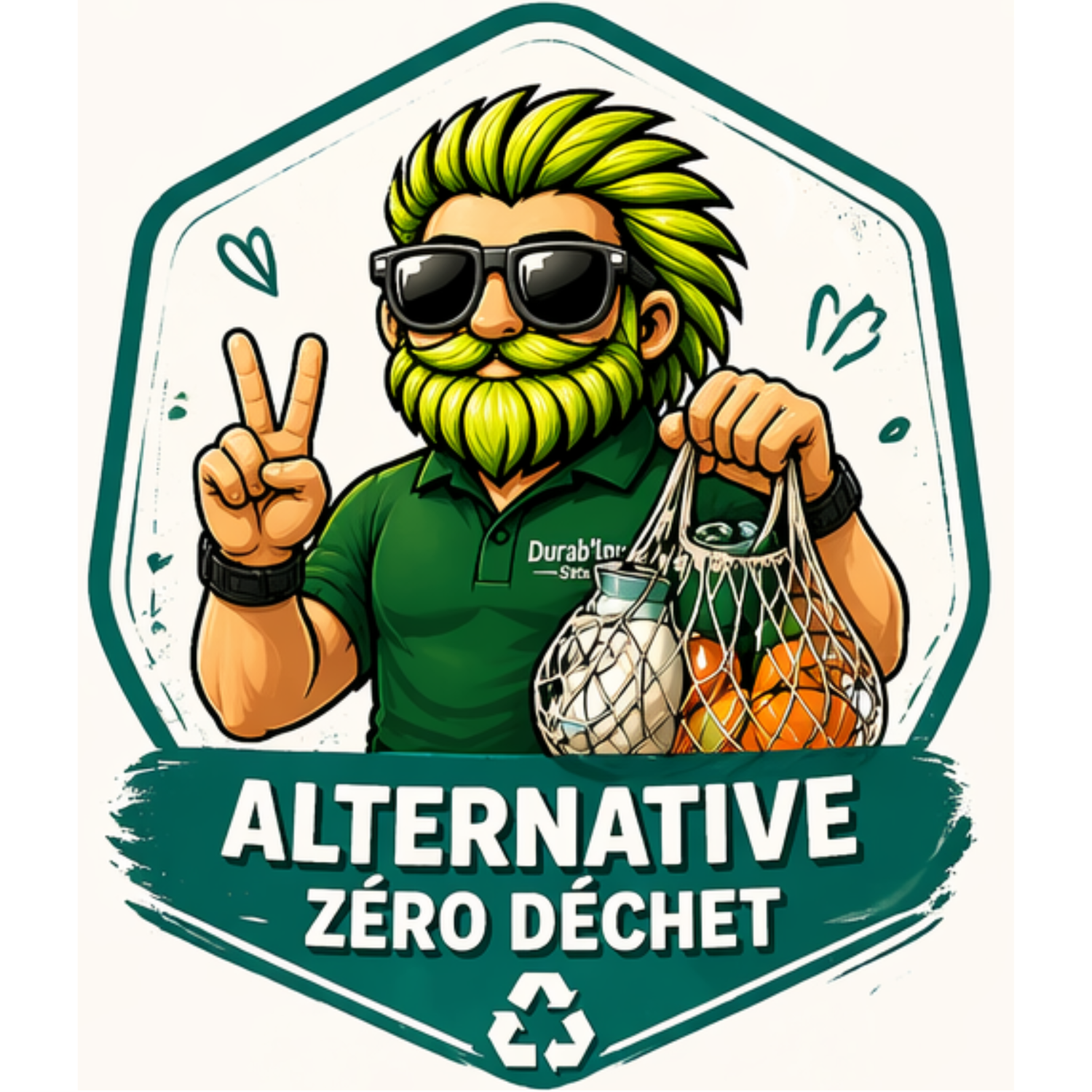 Collection Zéro représentée par le logo de ce label. La mascotte Low tient un sac filet réutilisable et fait le signe "Peace" avec son autre main.