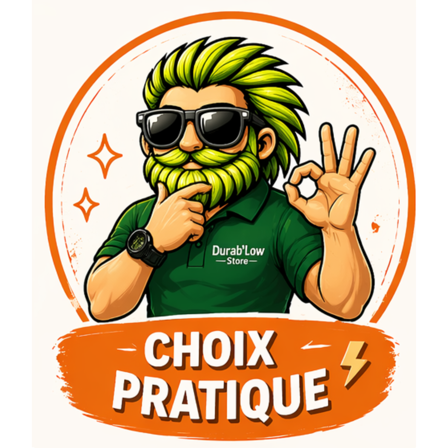 Collection Pratique est représentée par le logo de ce label. La mascotte Low fait le signe "Ok" avec sa main et se gratte le menton avec l'autre main.