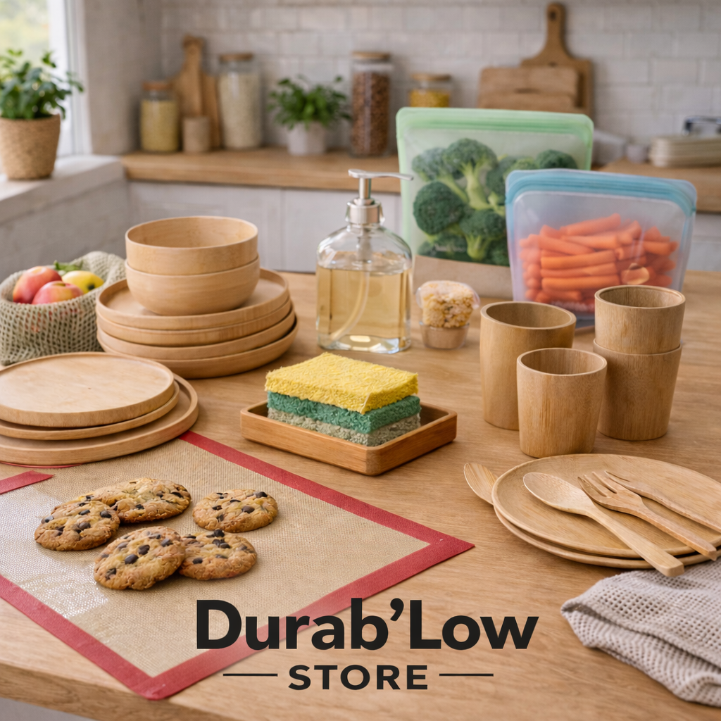 Colelction Cuisine représentée par un plan de travail dans une cuisine avec des couverts, des cookies, des éponges et des sacs alimentaires réutilisables.