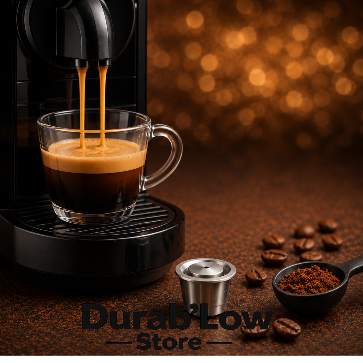 Machine à café expresso noire préparant un café dans une tasse en verre transparente, avec capsule réutilisable en inox, café moulu et grains de café sur un plan de travail aux tons chauds.
