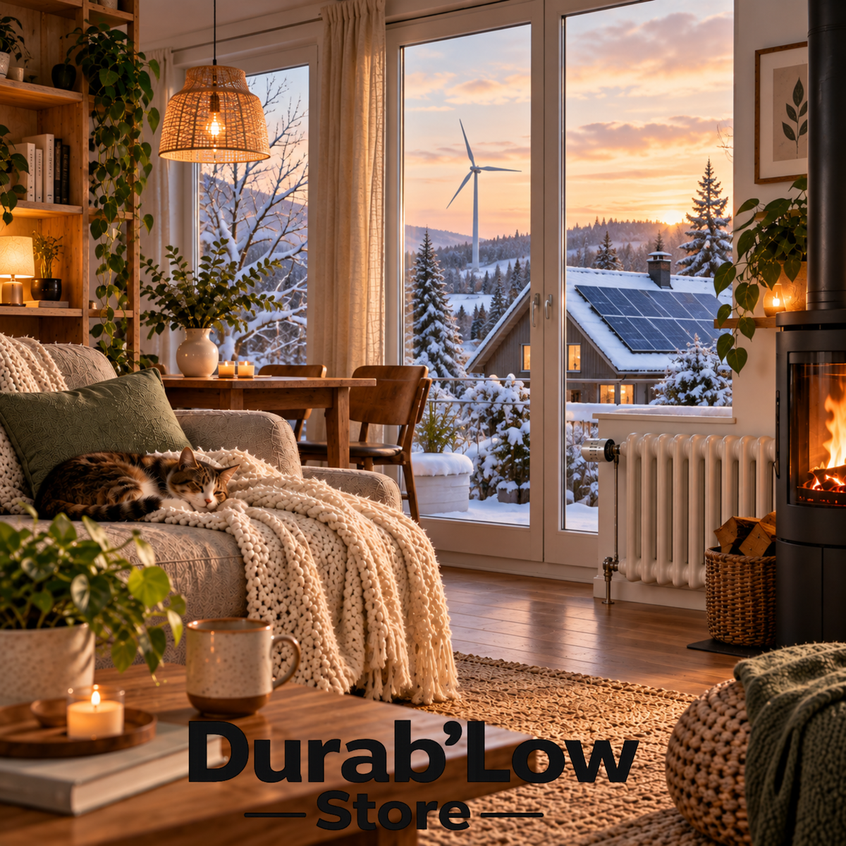 Salon chaleureux et économe en énergie avec radiateur, poêle à bois, panneaux solaires sur le toit et éolienne visible à travers la fenêtre.