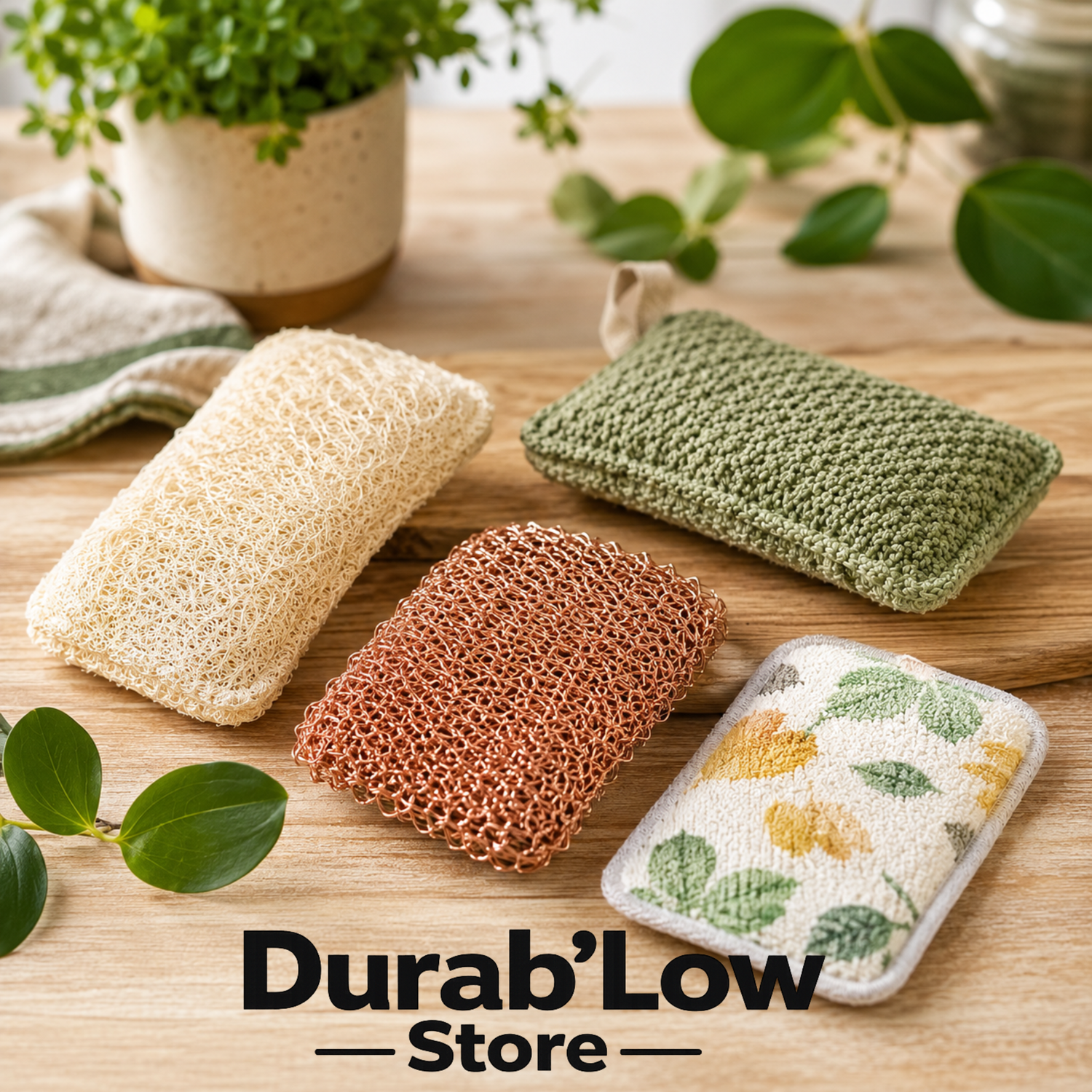 Collection d'éponges écologiques réutilisables : éponge loofah végétale, éponge en cuivre, éponge lavable en coton et éponge microfibre sur un plan de travail en bois.