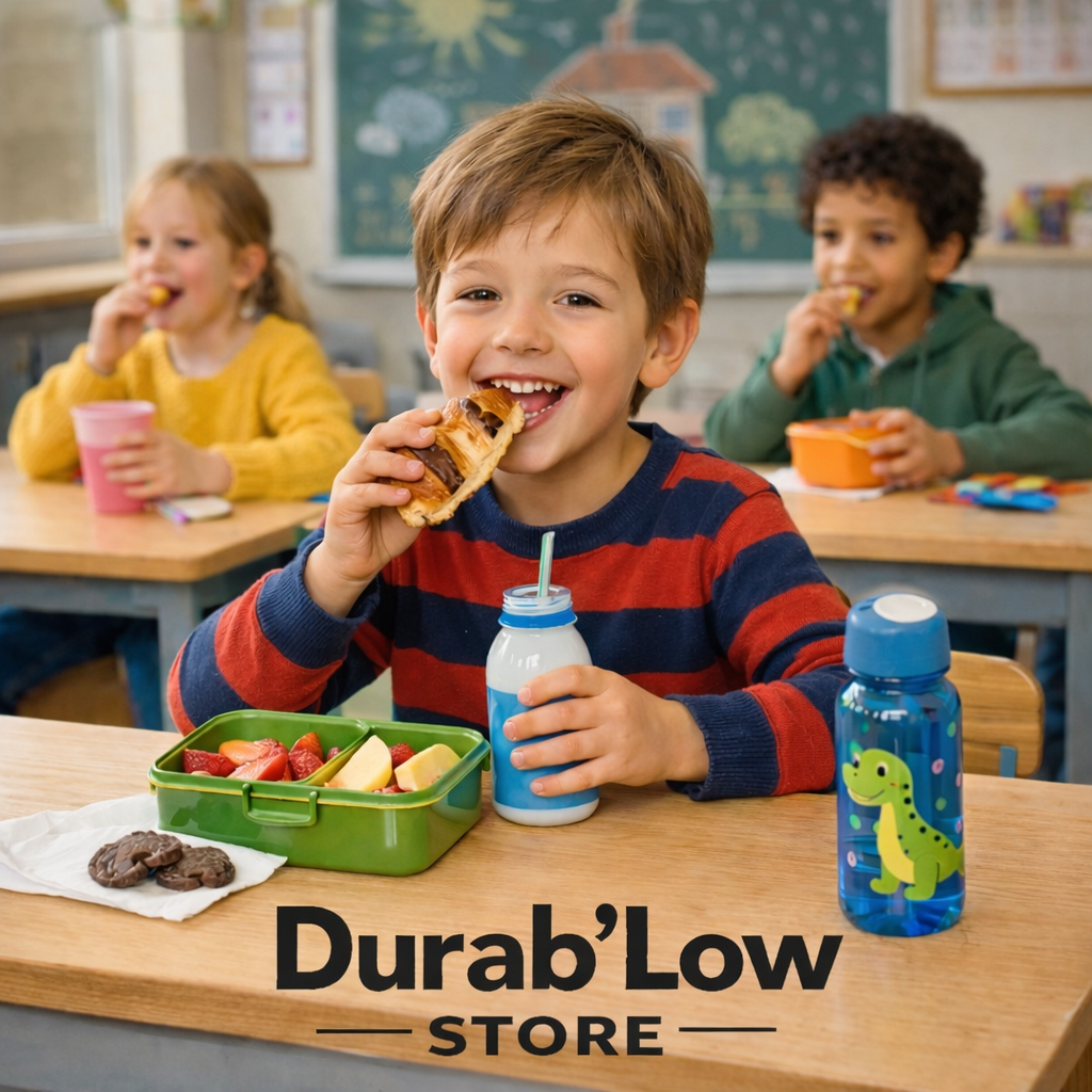 Enfant qui prend son goûter à une table d'écolier. Il a devant lui une gourde et une boite à goûter réutilisable.