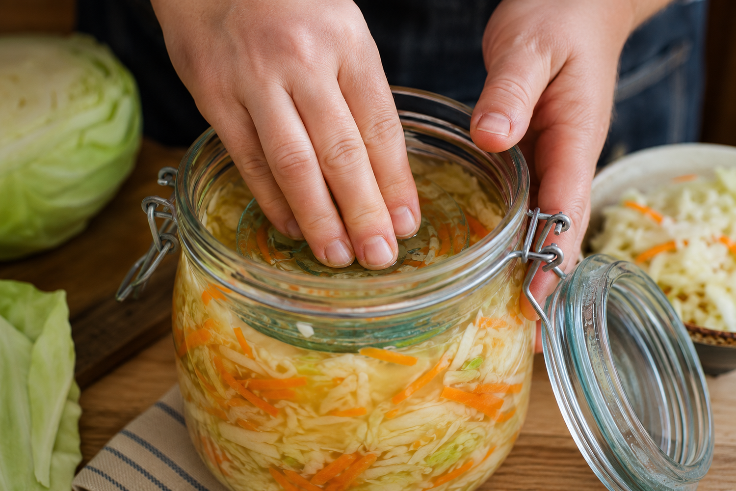 Mise en place d'un poids de fermentation dans un bocal en verre.