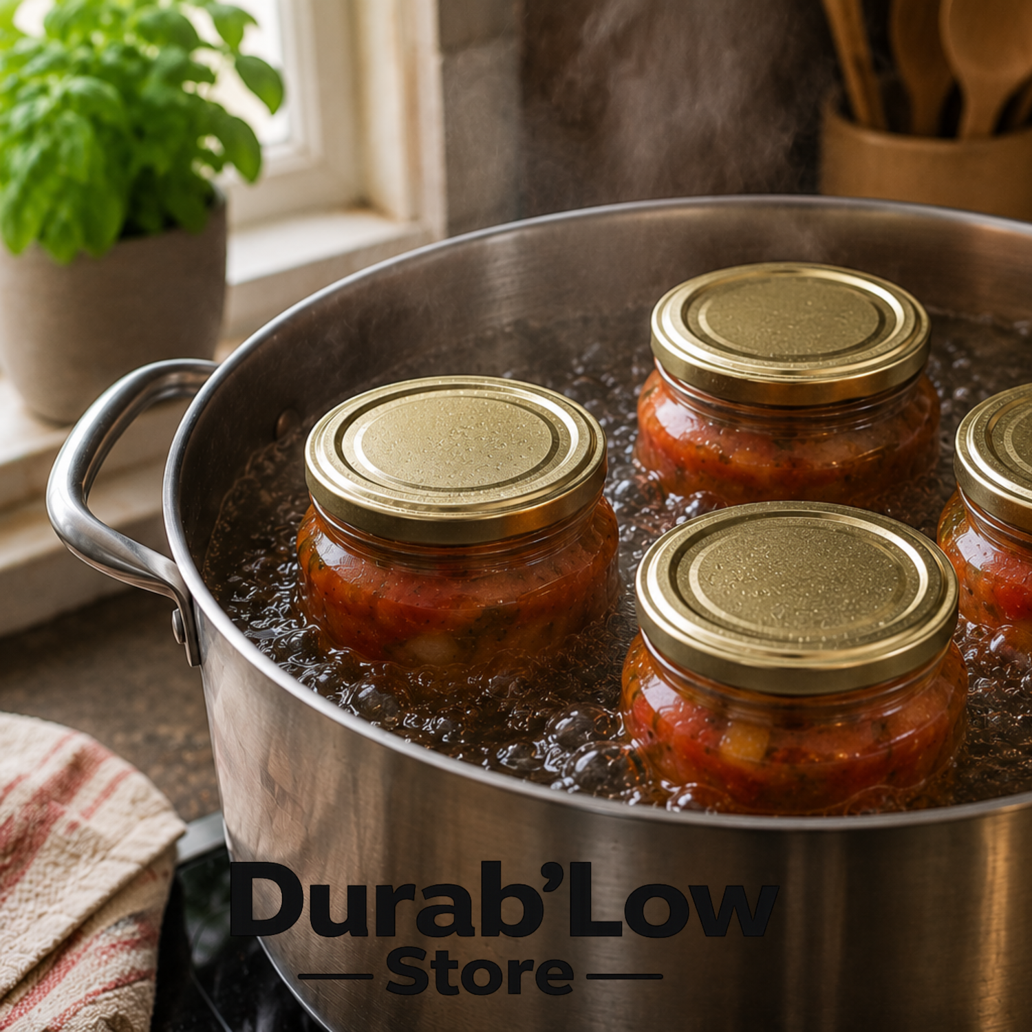 Des bocaux remplis d'une préparation sont en cours de stérilisation dans une casserole d'eau bouillante.