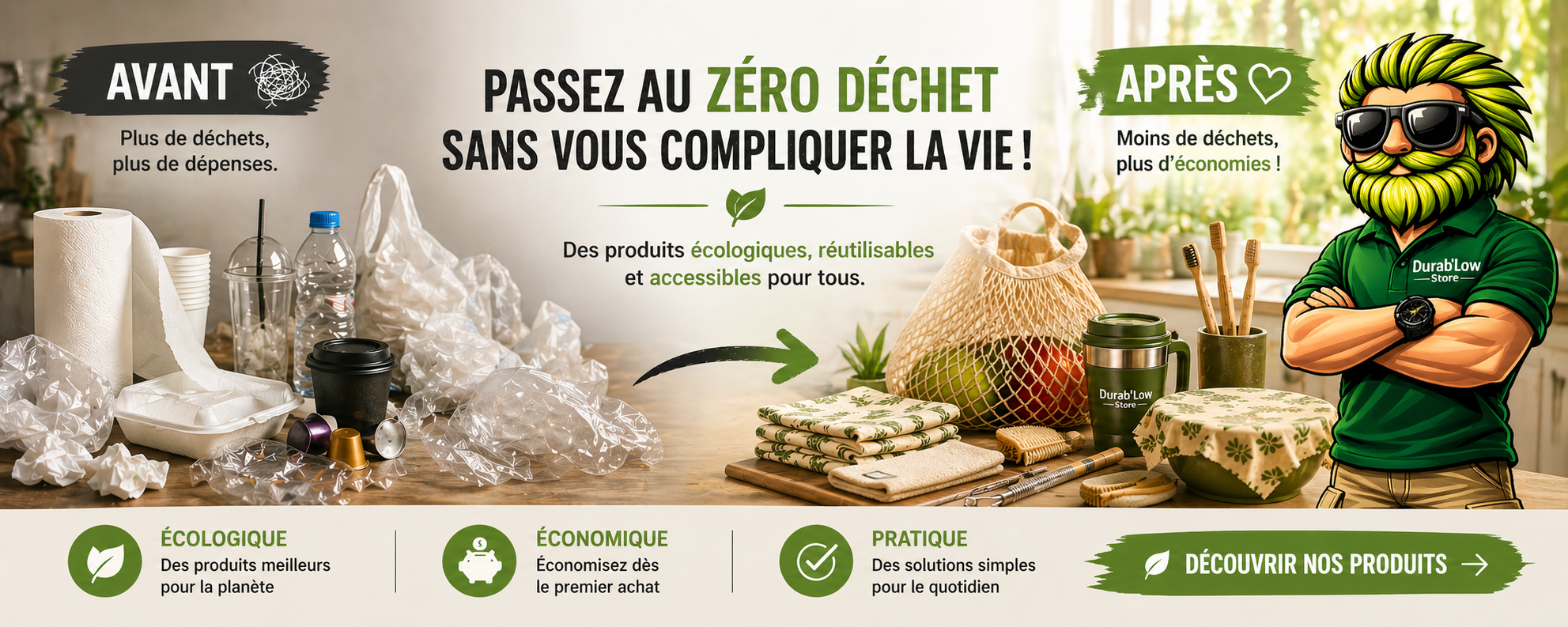 Plan de travail avant/après. L'avant est constéllé de déchet, l'après est clean. Low est satisfait. 
