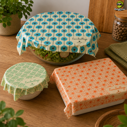 Beewrap de trois formats différents en situation, recouvrant un bol, un saladier et un plat à gratin.