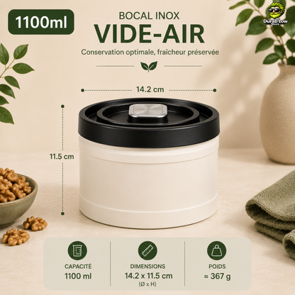 Un bocal 1100ml avec son couvercle vide-air. Précisionsur les dimensions, la contenance et le poids. 