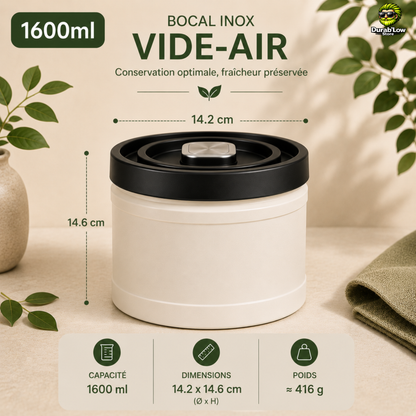 Un bocal 1600ml avec son couvercle vide-air. Précisionsur les dimensions, la contenance et le poids. 