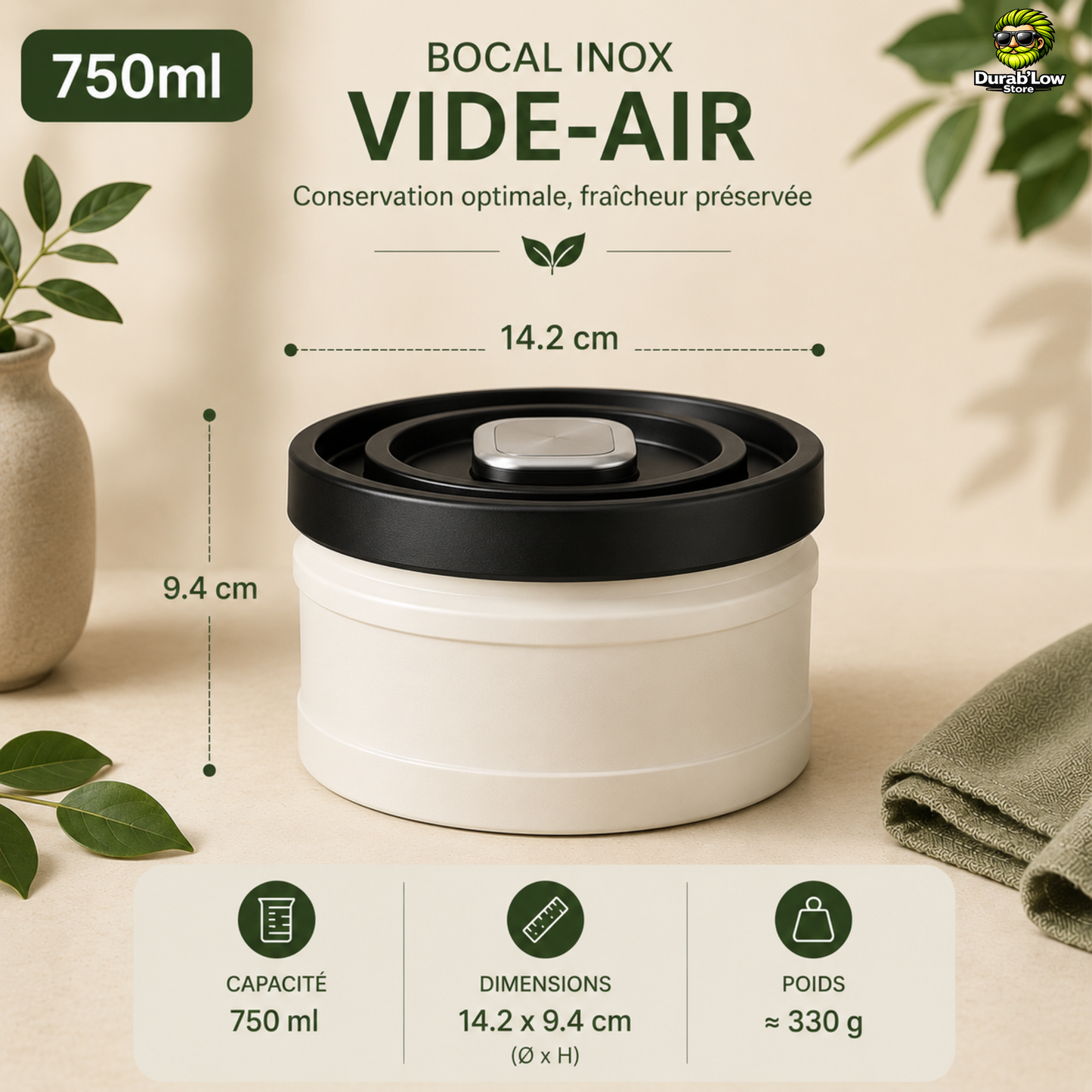 Un bocal 750ml avec son couvercle vide-air. Précisionsur les dimensions, la contenance et le poids. 