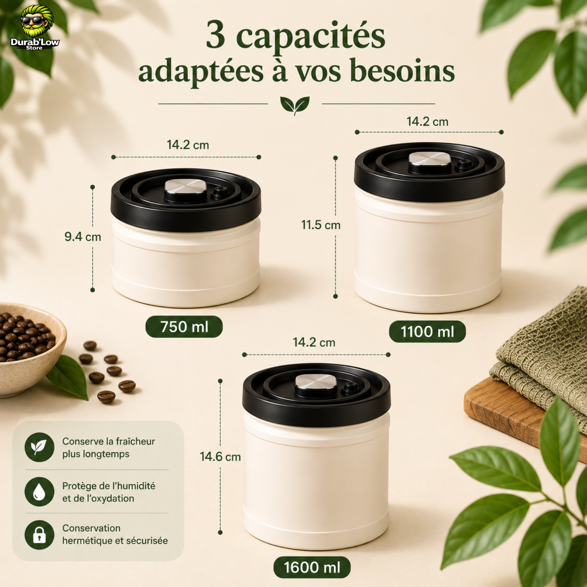 Dimensions en cm des 3 variantes de bocal inox avec pompe vide-air intégrée dans le couvercle. 